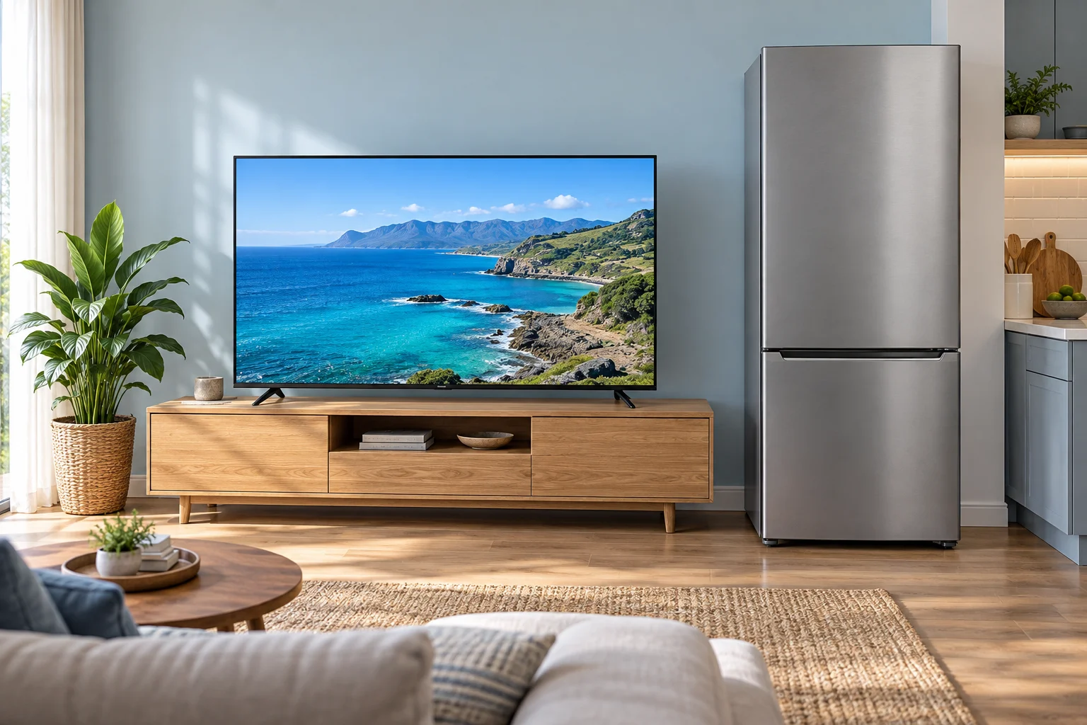 Home inspiration: a television and refrigerator in a bright living space